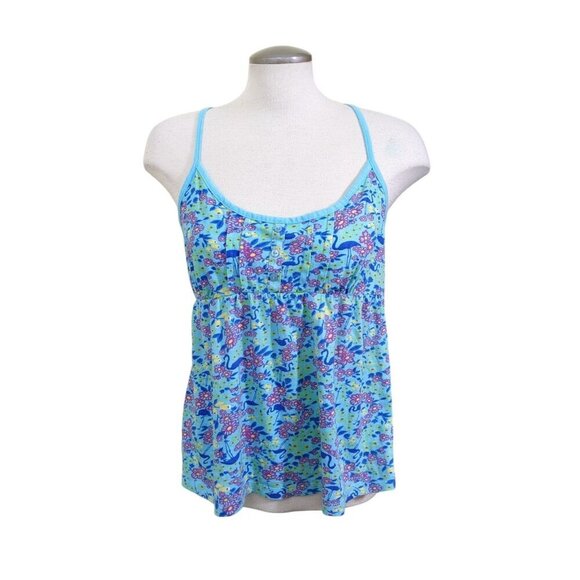 G21 Tops - Womens Y2K Babydoll Cami Top Size L Blue Flowers Flamingos Dainty Cottage Fairy